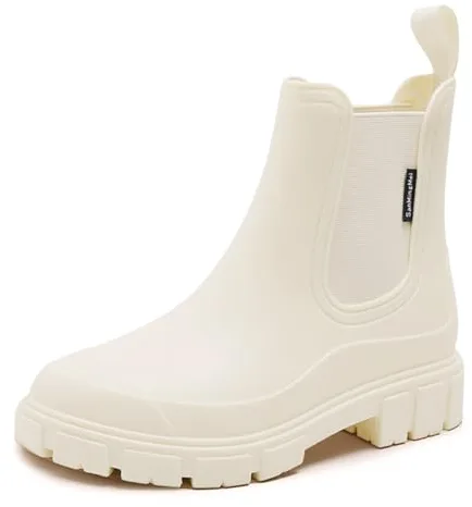 DRECAGE Botas de Agua Mujer Chelsea Lluvia Botines Impermeable Antideslizante Wellington Botas Jardín Trabajo Boots Beige 39