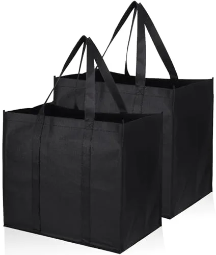 JOOTUEPO Paquete de 2 bolsas de compras reutilizables negras con asas, plegables, lavables y duraderas, para la vida cotidiana, picnic y camping