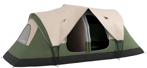 Outsunny Tienda de Campaña Familiar para 6-8 Personas Tienda de Camping Plegable con 2 Habitaciones y Bolsa de Transporte Impermeable para Senderismo 450x215x180 cm Verde Oliva y Marrón Claro