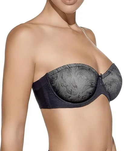 Selene, Sujetador Mujer de Banda Alta, con Aros y Copas Decoradas, Sin Tirantes y Sin Relleno, Colección Sandra, Color Negro, Talla 90 C