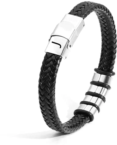 SAMINO Cuero Negro 26 Pulseras de Acero Inoxidable de Primera Letras Para Hombres Pulseras Colgantes de Letra A - Z Tejidas Pulseras Regalos Para Marido Padre Hijo Novio Tío (J)