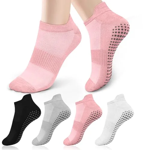 Tobfit 4 Pares Calcetines Yoga Pilates, Comodos Calcetines Antideslizantes para Mujeres y Hombres, Calcetín Tobillero Deportivo Transpirables Con Puntos Antideslizantes, Talla única 36-41