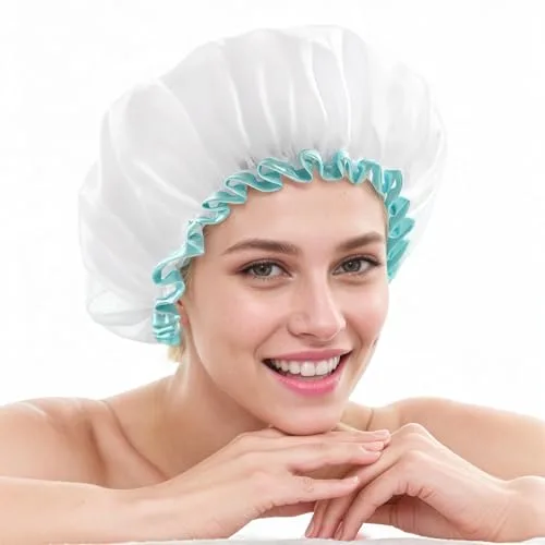 MUNSKT 2 Piezas Gorro De Ducha Grande Blanco Para Mujer Con Cabello Largo,Gorros de Ducha Impermeable y reutilizables,Doble Capa Impermeable, Reutilizable