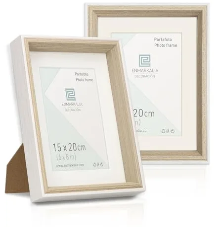 Marco de foto 15x20 cm SIN paspartu y 10x15 cm CON paspartu, Pack x2 unidades, color Blanco - Madera con paspartu, soporte de pie y para colgar (Blanco Madera X2 Uds.) conjunto de marco para cuadro