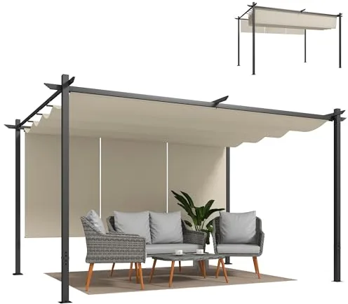 Outsunny Pérgola con Techo Retráctil Pérgola de 4x3 m Cenador de Pared o Independiente con Laterales Enrollables Protección UV30+ Pabellón para Jardín Patio Terraza Exterior Beige