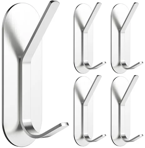 Alyvisun 5 Piezas Ganchos Adhesivos para Pared, Colgadores Adhesivos Resistentes de Acero Inoxidable, Ganchos de Pared sin Taladrar, Colgador Toalla para Baño Cocina Armario (Plata)