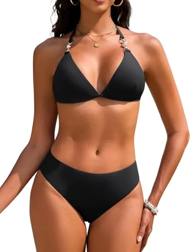 Vijamiy Bikini Mujer Tanga Traje De Baño para Mujer Cuello en V Push Up Triángulo Bikini Top Conjunto de Bikinis Tanga Bañador Sexy Swimwear Vikini con Pearl Strings(Negro,XL)