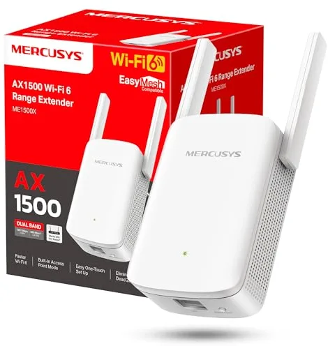 Mercusys ME1500X Wi-Fi 6 Amplificador WiFi, Repetidor de Doble Banda con 1201 Mbps 5 GHz + 300 Mbps 2,4 GHz, Puerto Gigabit, 2 × Antenas de Alto Rendimiento, Botón WPS, Modo Punto de Acceso