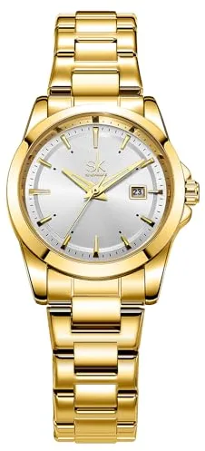 SHENGKE Relojes Minimalistas De Cuarzo para Mujer con Fecha Brazalete De Acero Inoxidable Y Esfera De Color A La Moda (Oro-Plata)