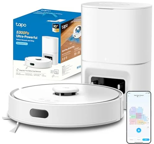 Tapo RV30 MAX Plus - Robot Aspirador 5300Pa, Base de Autovaciado, Navegación Láser LiDAR y Mapeo Inteligente, Limpieza 4 en 1: Barre, Aspira, Friega y Pasa la Mopa, Control por Voz y App,Blanco