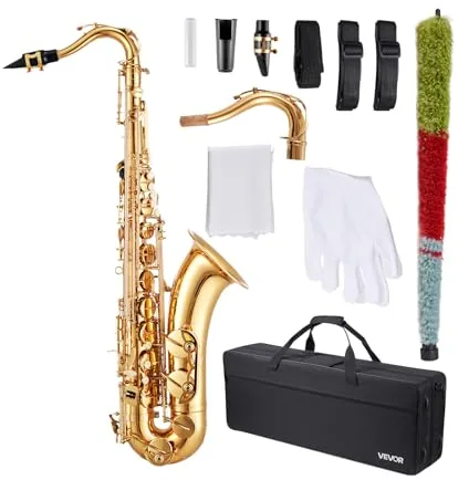 VEVOR Saxofón Tenor en Si Bemol, Juego de Saxofón Bend con Estuche, Boquilla, Correas, Paño de Limpieza, Guantes, Correa para el cuello, 23 Teclas para Músicos de Todos Los Niveles, Dorado