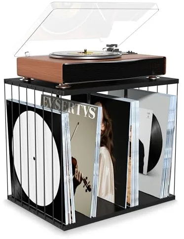 Emfogoo Caja Vinilos, Madera Soporte Vinilos, Estilo Vintage Multifuncional Mueble para Vinilo con 3 Compartimentos, Tocadiscos de Vinilo Stand Hasta 100 Álbumes, para Sala de Estar oficina (Negro)