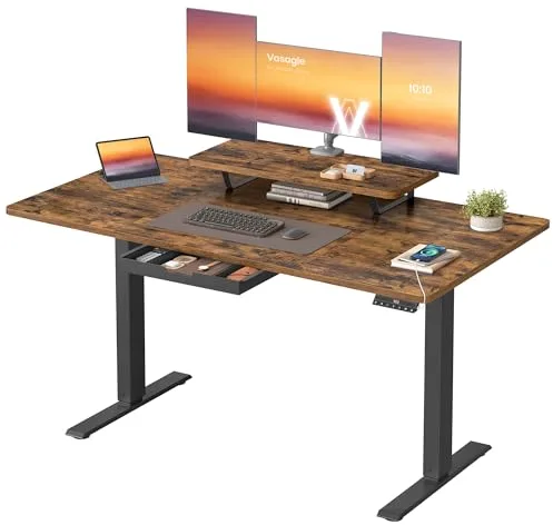 VASAGLE Escritorio Eléctrico Ajustable en Altura, 140 x 70 cm, para Trabajar de Pie, Soporte para Monitor, Cajón, Puerto USB-C, Recordatorio de Sedentarismo, para Oficina, Marrón Rústico LSD154KD01