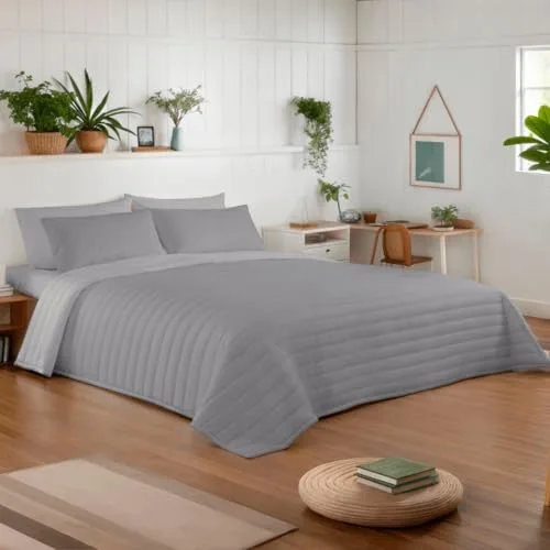 NATURALS - Colcha Bouti Reversible Bicolor | Cama 180 (270x260 cm) | Microfibra Extrasuave | Cubrecama Acolchado a Líneas | Ideal Primavera y Verano | Gris/Gris Claro