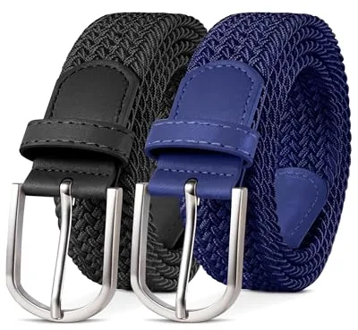YOUCHAN Pack de 2 Cinturones Elásticos Trenzados Unisex 3.3 cm, Ajustables y Cómodos, para Hombre y Mujer Negro Azul 120 cm