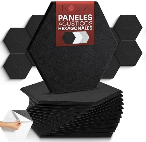 NOUIZ 12 Paneles Acústicos Autoadhesivos de Alta Densidad para Pared y Techo, Diseño Decorativo para Reducir Eco en Habitación, para Podcasts, Gaming, Estudio y Oficina (Negro, 30x26cm)