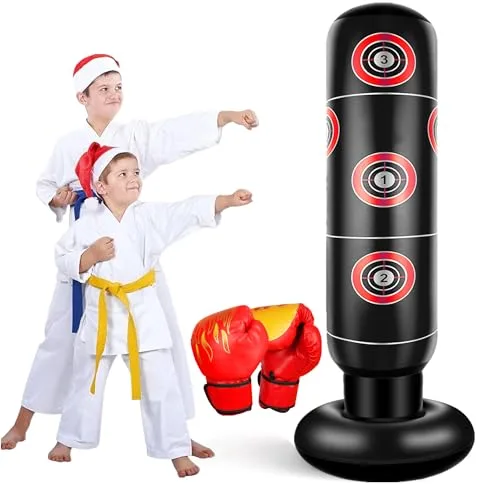 EQARD Saco de Boxeo Niños con Guantes de Boxeo 160cm Sacos de Boxeo de Pie Hinchable Set de Boxeo para Niños Regalo para Niños y Niñas de 3 a 12 Años para Practicar Kárate Taekwondo MMA (Negro)