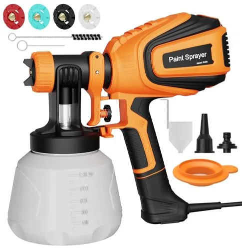 Pulverizador de Pintura HVLP 700 W, Pulverizador Eléctrico con DepóSito de 1200 ML, Flujo de 1000 Ml/Min, 4 Boquillas y 3 Patrones de Pulverización, Incluye Boquillas de Limpieza y Soplado de Polvo
