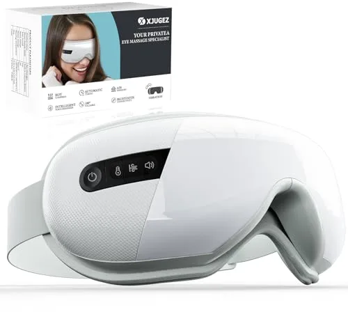 XJUGEZ Masajeador de Ojos con Calor, Compresión&Música, Masajeador Facial Electrico para Relajar los Ojos, Aliviar la Fatiga Visual y la Sequedad Ocular, Regalo de Cumpleaños para Mamás/Papás, Blanco