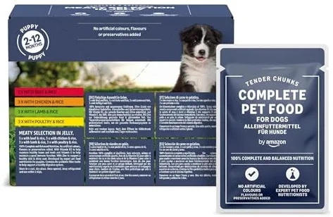by Amazon Alimento completo para cachorros, Selección de carne en gelatina, 1.2kg (12 bolsitas de 100g)