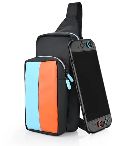 MMOBIEL Bolsa Bandolera de Viaje para Nintendo Switch 2 Mochila con Correa Ajustable y Bolsillo Frontal para Joy-con, Consola y Accesorios – Funda Portátil Gaming - Azul/Naranja