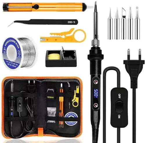 Soldador de estaño 80W Kit 13 en 1 Soldador Profesional con Temperatura Ajustable 180℃-520℃, 5 Puntas, Bombas de Soldadura, soporte, Pinzas ect, para Varios Usos y Reparaciones