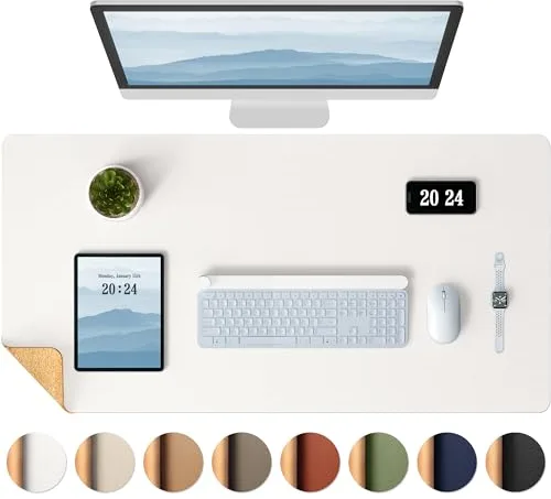 Aothia tapete escritorio,alfombrilla de escritorio de doble cara con corcho natural y cuero PU,alfombrilla ratón/protector escritorio,impermeable para oficina/hogar/decoración (Blanco roto,65x35cm)