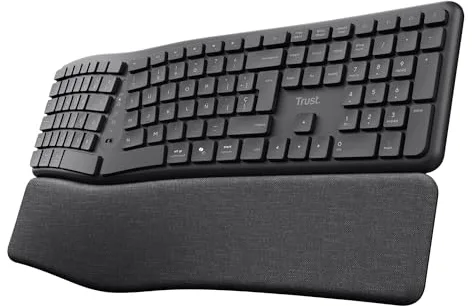 Trust Arvia Teclado Ergonómico Inalámbrico Silencioso QWERTY Español Bluetooth + 2.4GHz, Teclado Bluetooth Multidispositivo Dividido con Reposamanos, PC Ordenador Portátil Mac, Negro