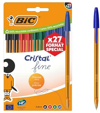 BIC Cristal Fine Bolígrafos de Punta Fina (0,80 mm) - Colores de Tinta Surtidos, Caja de Edición Especial de 27