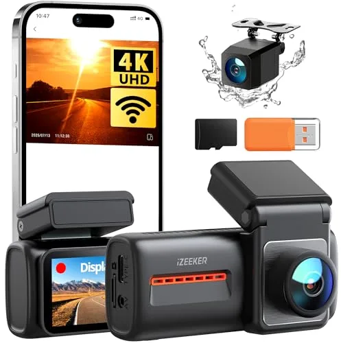 iZEEKER 4K Dashcam Frontal y Trasera, WiFi 6 Dash CAM Coche con Tarjeta 32G, 4K+1080P Camara Coche, Pantalla de 2.99", App, Visión Nocturna, Sensor G, Grabación en Bucle, 24H Monitor de Aparcamiento