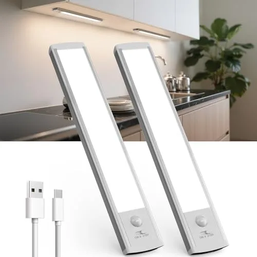 TANSOOL+ Luz LED Armario con Sensor de Movimiento, 20cm Luces LED Cocina USB Recargable Magnética, Luz Sensor Movimiento Interior para Armario, Escalera, Cocina - 2 Piezas