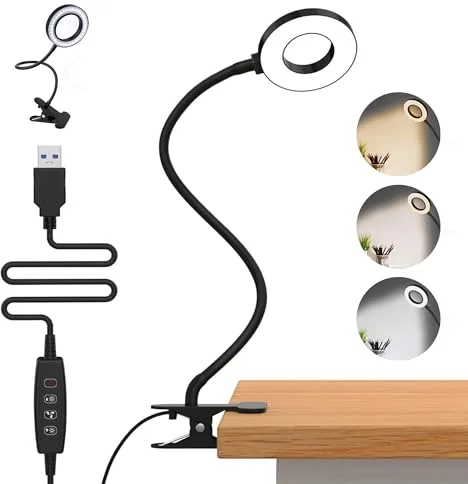 OLVEX - Lampara LED 3 Tonos y 10 Niveles de Brillo - Flexo LED Escritorio con Pinza - Adecuado Para Viajes de Lectura Nocturna, Dormitorios, Libros de Oficina - Luz Escritorio con Pinza - Luz 360º.