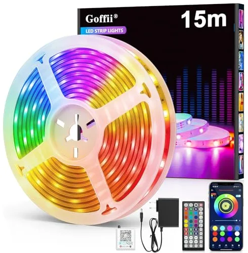 Goffii Tira LED 15 Metros, Luces Led Habitacion RGB Bluetooth Adhesivas con Control Remoto y Inteligente Control de APP, Cambia el Color con la Musica para Decoración de Cocina, Gaming, TV