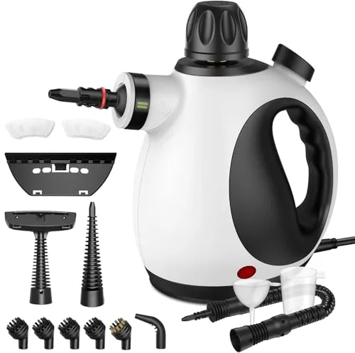 Vaporeta Limpieza Hogar, Limpiador de Vapor Portátil Multiusos con Cierre de Seguridad y 14 Accesorios, vaporeta de mano Presurizado para el Baño, Ventanas, Cocina (Negro&Blanco)