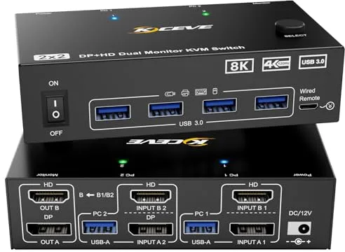 KVM Switch 2 Monitores 2 PC 8K Displayport + HDMI USB 3.0 KVM Conmutador para dos monitores, soporta 8K @ 60Hz, 4K @ 120Hz para 2 ordenadores que comparten teclado, ratón y monitor