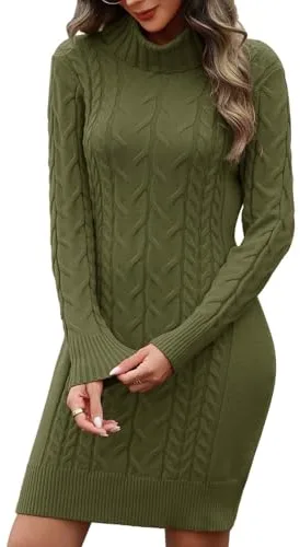 heekpek Vestido Punto Mujer Invierno Manga Larga Cuello Alto Vestidos de Mujer Elegantes Vestido Otoño Ajustado Vestidos Jersey, Verde Militar, L