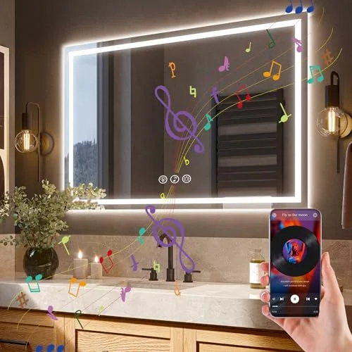 Ratsamee Bluetooth Espejo Baño con Luz 70x100cm, Espejos de Baño con LED con Antivaho, Regulable, 3 Colores Luz, Función Memoria