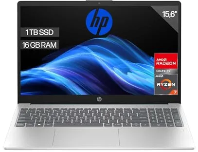 HP 15-fc0239ns - Ordenador portátil de 15.6" FHD (AMD Ryzen 7-7730U, 16 GB RAM, 1TB SSD, AMD Radeon Graphics, Sin Sistema operativo) Plata y Azul - Teclado QWERTY Español