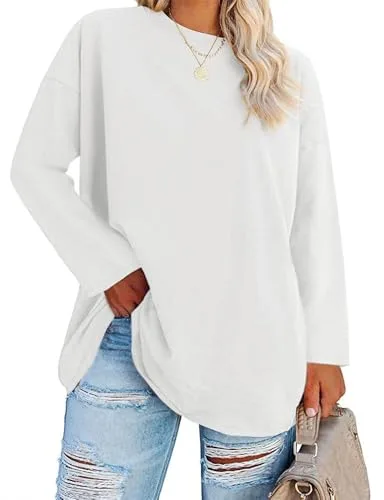 Fisoew Mujer Tallas Grandes Tops Manga Larga Tallas Grandes Camisetas Cuello Redondo Tops Oversize, Blanco, 4XL Grande