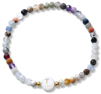BodyBonita Pulsera Elástica con Inicial de Piedra Natural y Cuentas de Nácar Sintético con Letras de la L para Hombre y Mujer