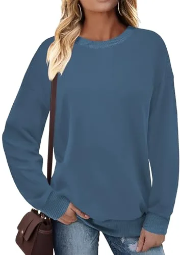Cuptacc Sudaderas Mujer Manga Larga Escote Redondo Contraste De Colores Jersey Sin Capucha De Canalé Oversize Casual Sweatshirt Mujer Azul Neblina L