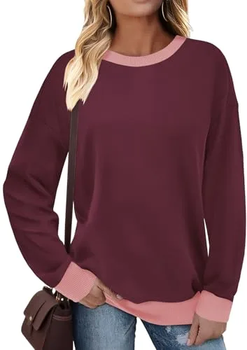 Cuptacc Sudaderas Mujer Sin Capucha Oversize Informal De Canalé Sweatshirt Mujer Manga Larga Cuello Redondo Bloques De Color Jersey Morado XL