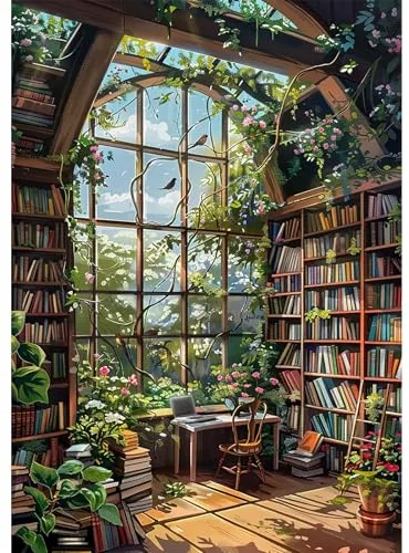 NEWENMO DIY Acogedora Librería Diamond Painting Adultos,5D Flores Hermosas Diamond Art,Kit Completo de Pintura de Diamante,Bricolaje Paisajes Dibujo de Diamantes Set,para Decoración de Hogar 30x40cm