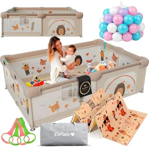 DeFieltro Parque Infantil Bebe del Bosque 150x180 - Corralito Bebe con Malla de Animales Transpirable Alfombra Acolchada +60 BOLAS +4 Anillas - Corral Plegable Baby ANTIDESLIZANTE (150 x 180, Bosque)