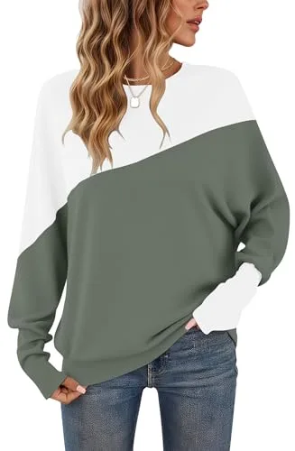 WNEEDU Camisa de Manga Larga para Mujer Cuello Redondo Patchwork Sudadera de Color puños Ajustados Jersey para Mujer Verde Oliva L