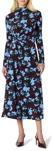 Amazon Essentials (La elección de Demi) Vestido Maxi Corto de Manga Larga, Entallado y con Vuelo Mujer, Burdeos Azul Floral, XL