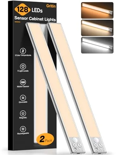 Gritin 37.5CM Luz de Armario Recargable con Sensor de Movimiento, 2 Pack LED Luces Cocina - 3 Modos de Color, 5 Niveles de Brillo, Atenuación Continua, Ideal para Gabinete, Cocina, Escalera, Pasillo