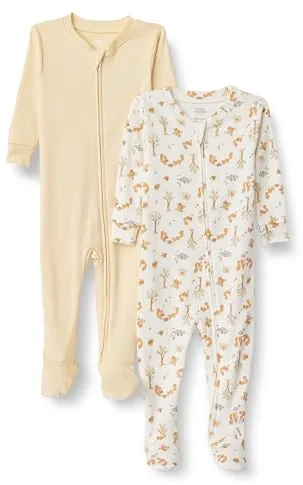 Amazon Essentials x Sofia Grainge Pijama Ceñido de Algodón con Pies Unisex Bebés, Pack de 2, Marfil Pícnic de Ardillas, 12 Meses