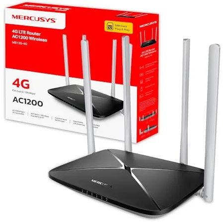 Mercusys MB135-4G | 4G SIM, LTE CAT4, Wi-Fi AC1200 Dual Band (5GHz/2.4GHz) + 4 Powerful Antennas, Maximum for 64 Devices, Compatible with All Carriers