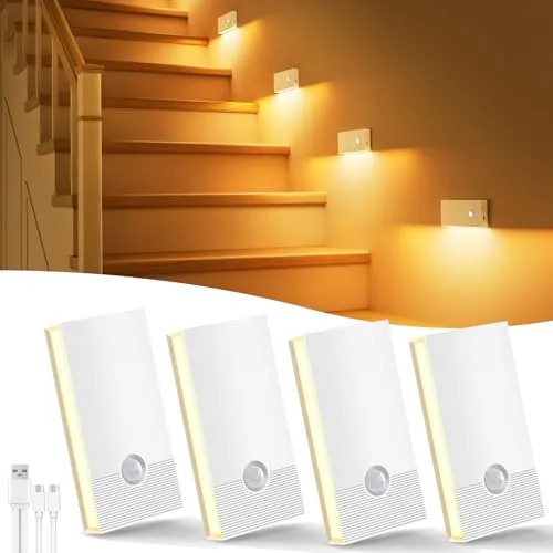 Luz Nocturna con Sensor de Movimiento, 4 Piezas Recargable Luz Nocturna Infantil con 3 Modos, Luz Noche LED Luz de Noche luz para Escaleras,Pasillo,Baño,Cocina, Habitaciones para niños, Blanco